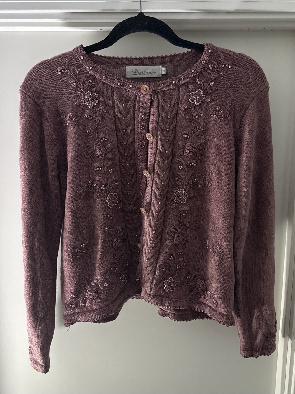 Mauve Embroidered Button-Front Cardigan